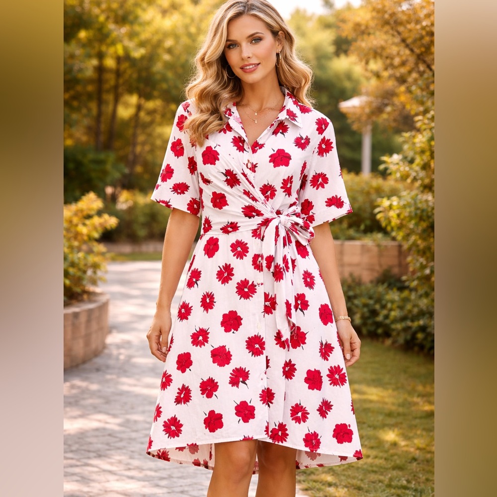 Free Assembly Summer floral button down pocket hi-low short sleeve dress XXXL